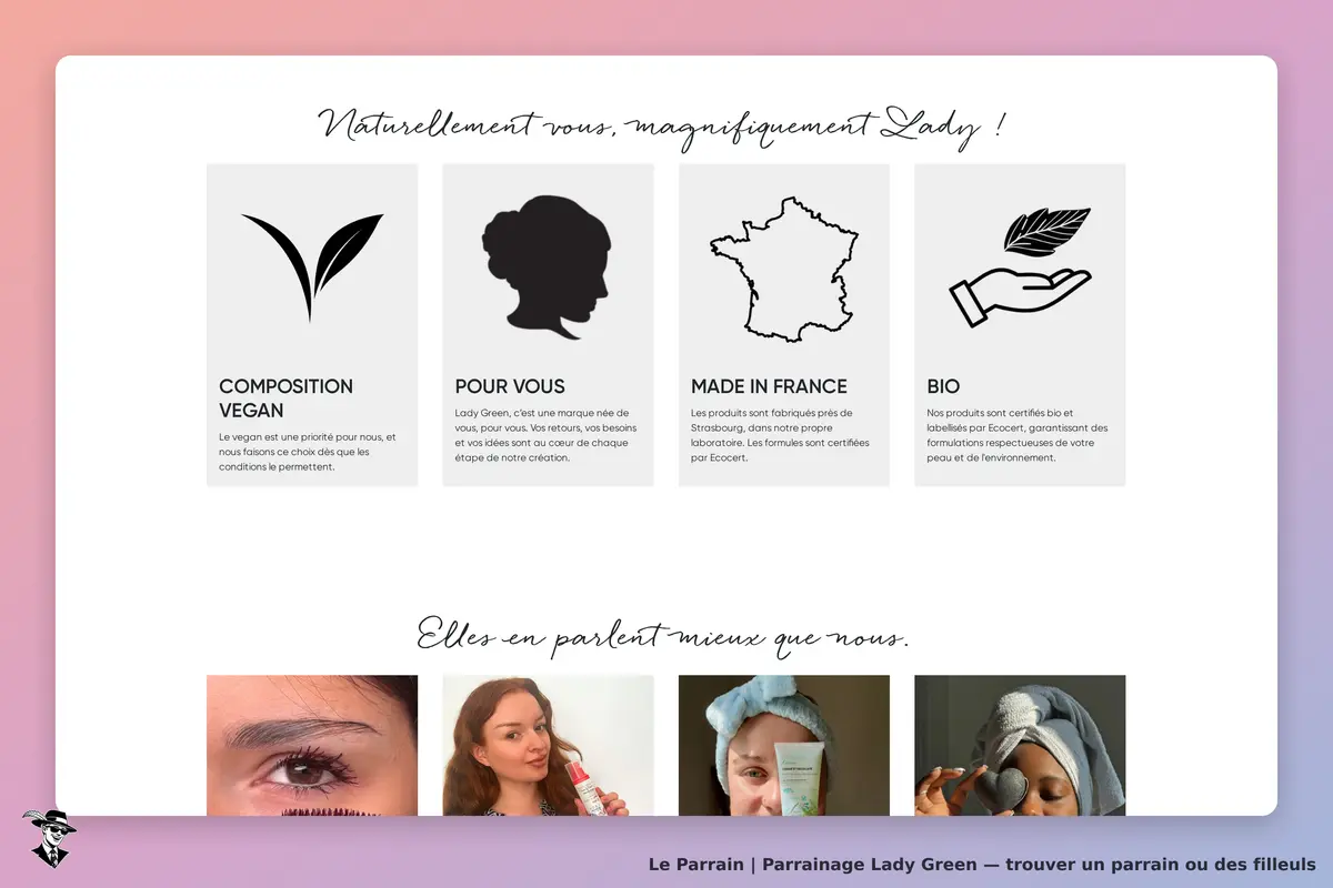 Lady Green : page d'accueil avec des icônes sur la composition vegan, bio, made in France