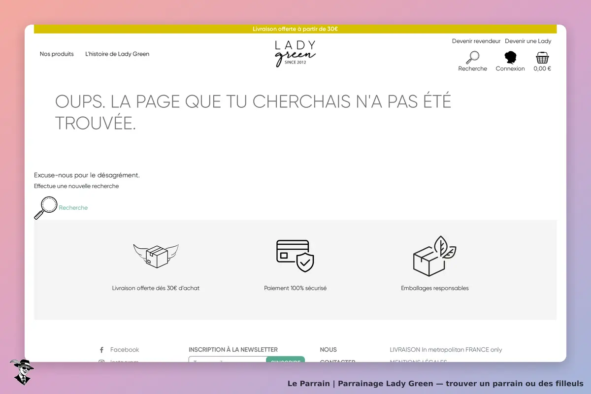 Lady Green : page d'erreur indiquant qu'une page n'a pas été trouvée avec options de recherche