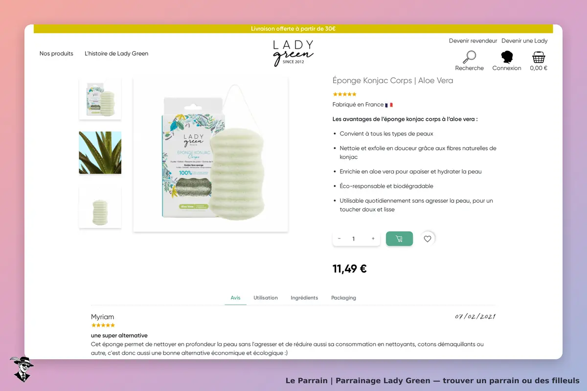 Lady Green : éponge konjac corps à l'aloe vera, présentation et avantages visibles sur la page