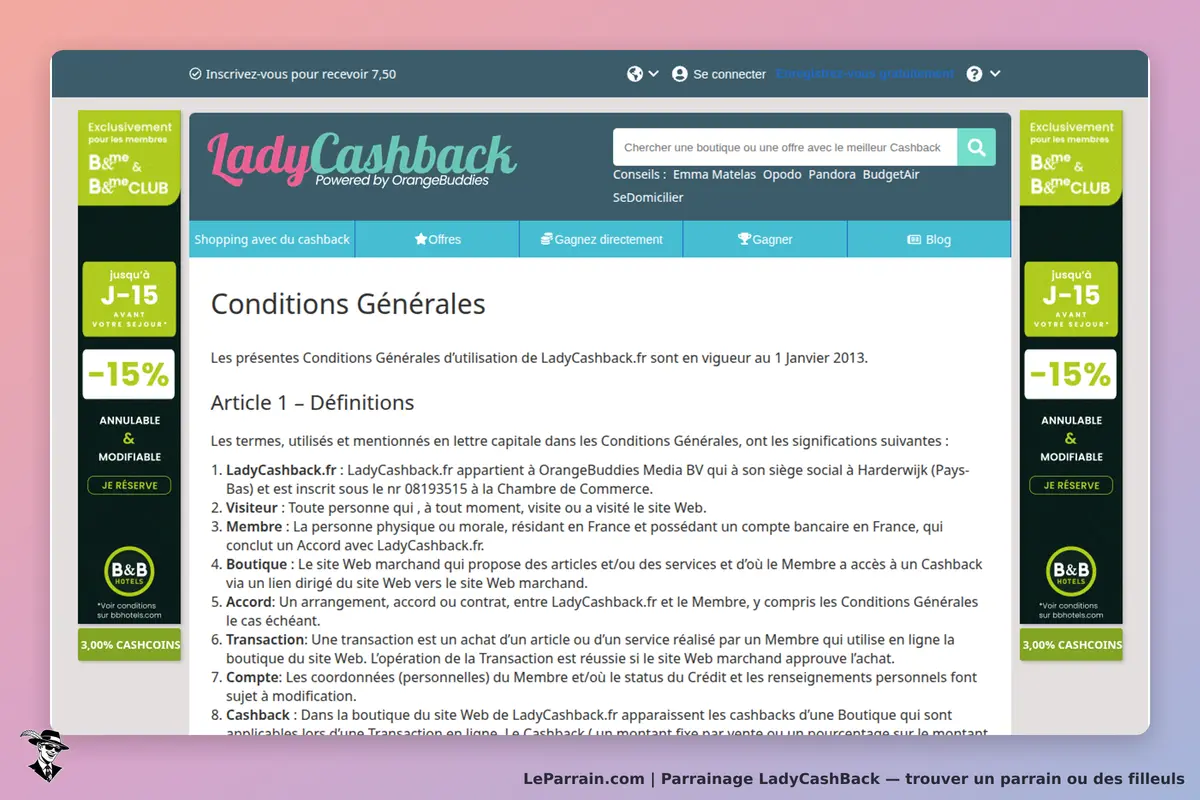 LadyCashback : page des Conditions Générales avec définitions et informations légales