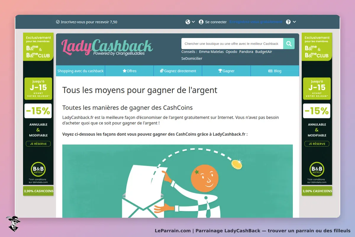 LadyCashBack : page d'accueil présentant les moyens de gagner de l'argent avec un personnage animé