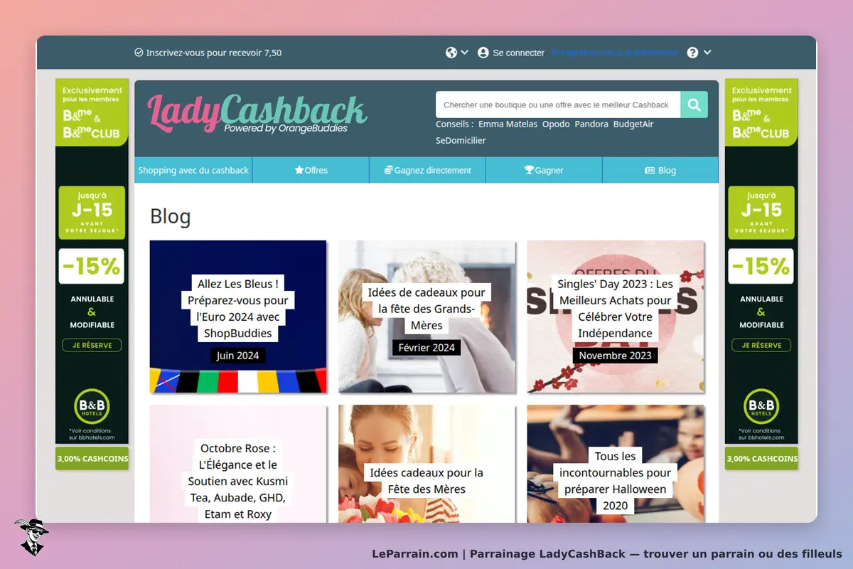 LadyCashback : page d'accueil avec articles de blog sur divers événements et promotions