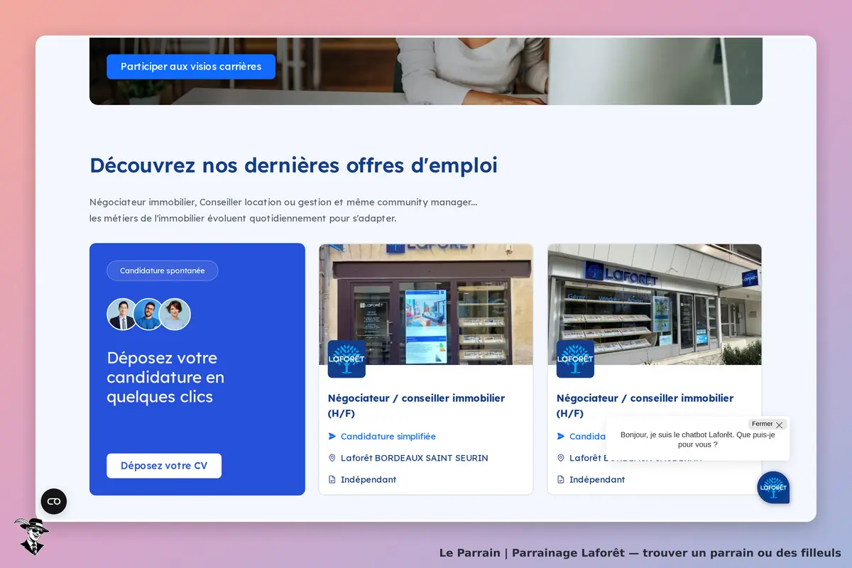 Laforêt : page d'accueil présentant des offres d'emploi et un formulaire de candidature