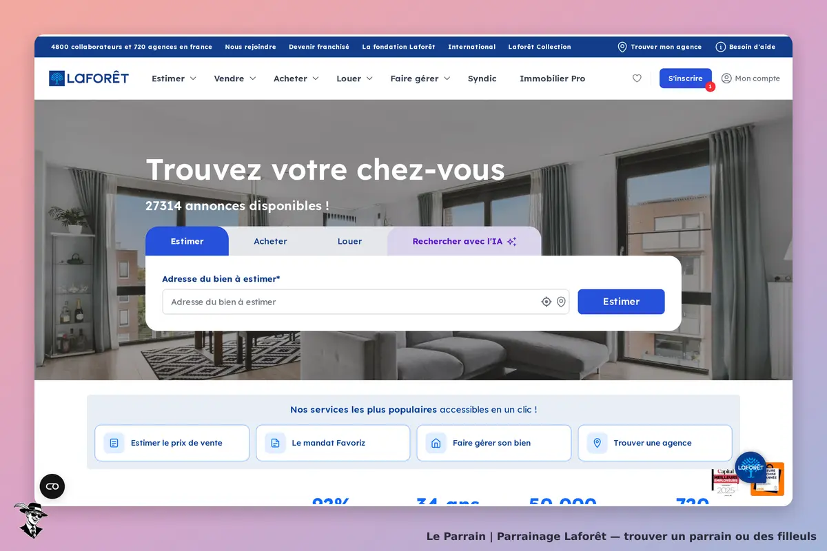 LAFORÊT : page d'accueil avec formulaire d'estimation et annonces immobilières disponibles