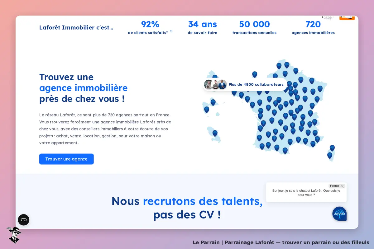 Laforêt : page d'accueil présentant un réseau d'agences immobilières en France et un chatbot