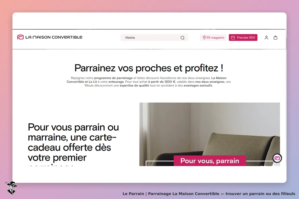 La Maison Convertible : page d'accueil avec programme de parrainage et visuel d'un canapé