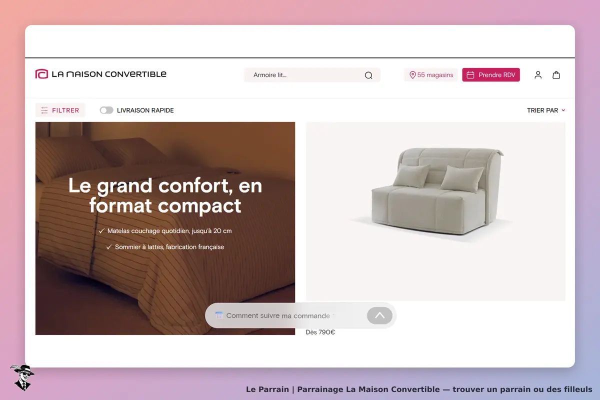 La Maison Convertible : page d'accueil présentant un canapé convertible avec coussins