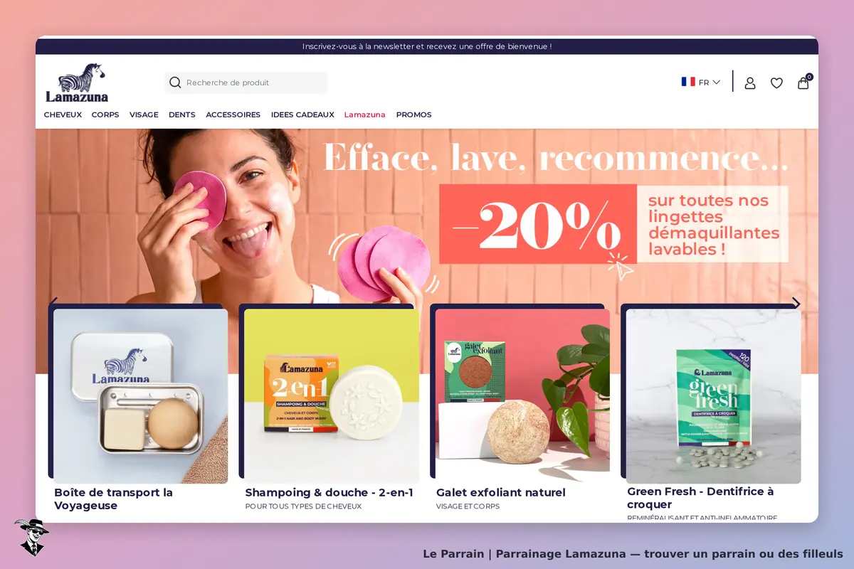 Lamazuna : page d'accueil avec produits et femme utilisant un disque démaquillant lavable