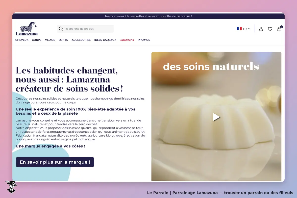 Lamazuna : page d'accueil présentant des soins solides et naturels avec une vidéo
