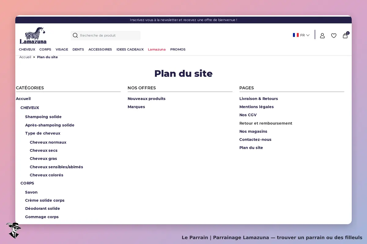 Lamazuna : plan du site avec catégories et pages d'information sur les produits et services