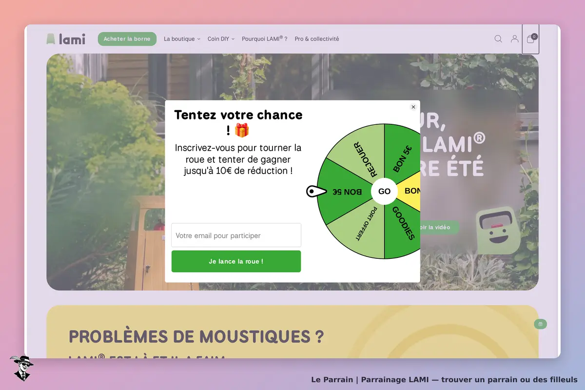 LAMI : page d'accueil avec un pop-up de jeu et une roue de réduction visible