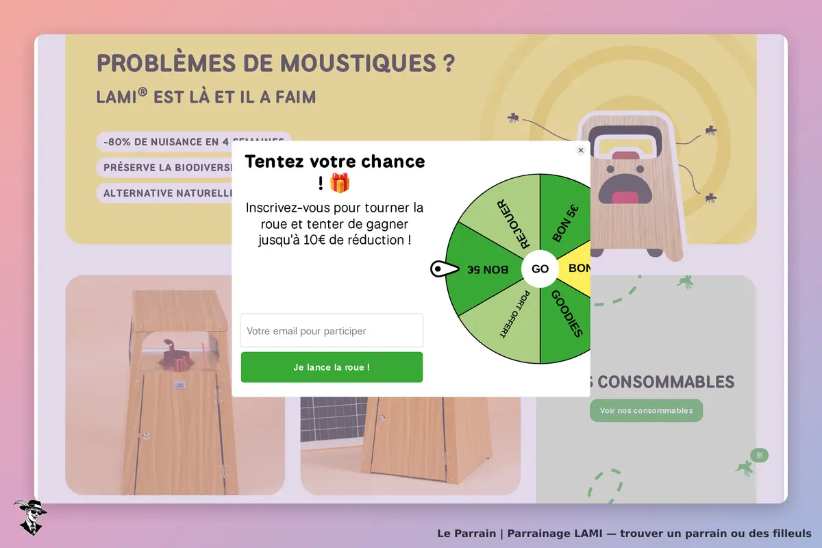 LAMI : page d'accueil avec un jeu de roue et un piège à moustiques en illustration