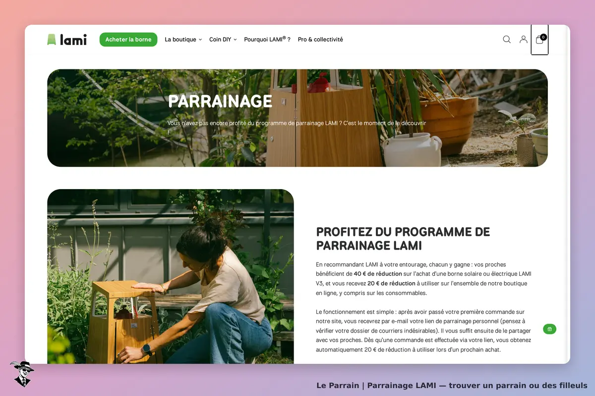 LAMI : page d'accueil avec section sur le parrainage et image d'un produit en extérieur