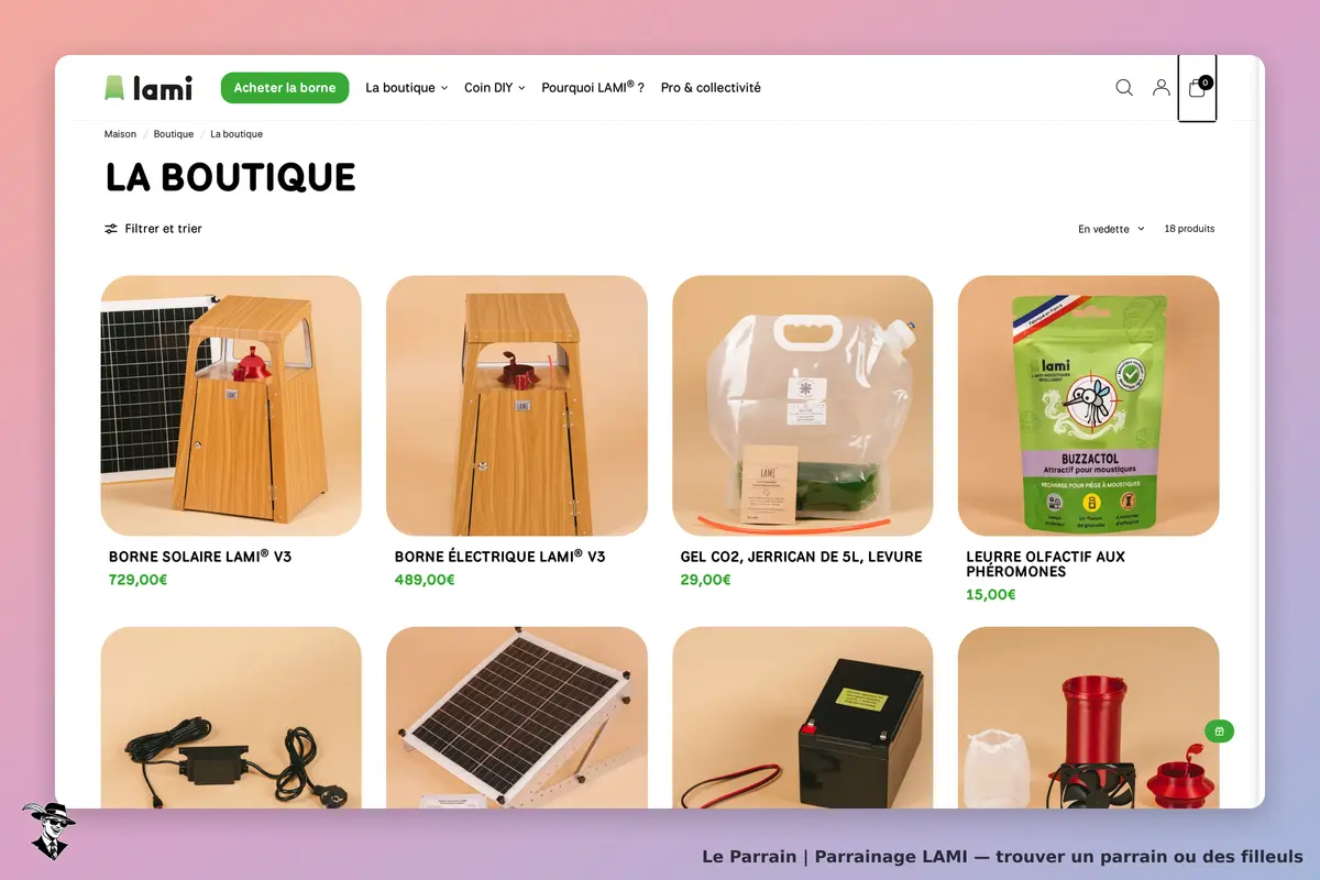 LAMI : page d'accueil avec divers produits affichés, dont bornes et accessoires solaires