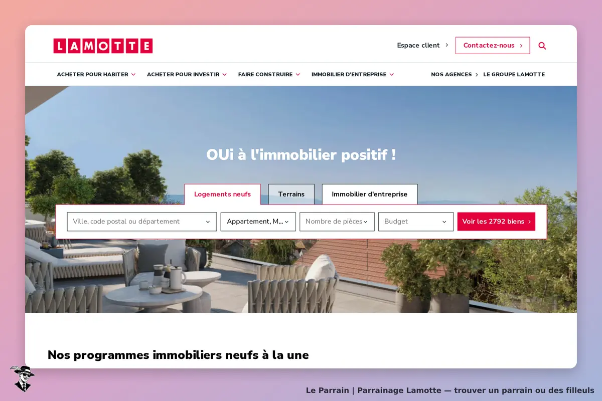 Lamotte : page d'accueil avec un formulaire de recherche et une vue sur une terrasse moderne