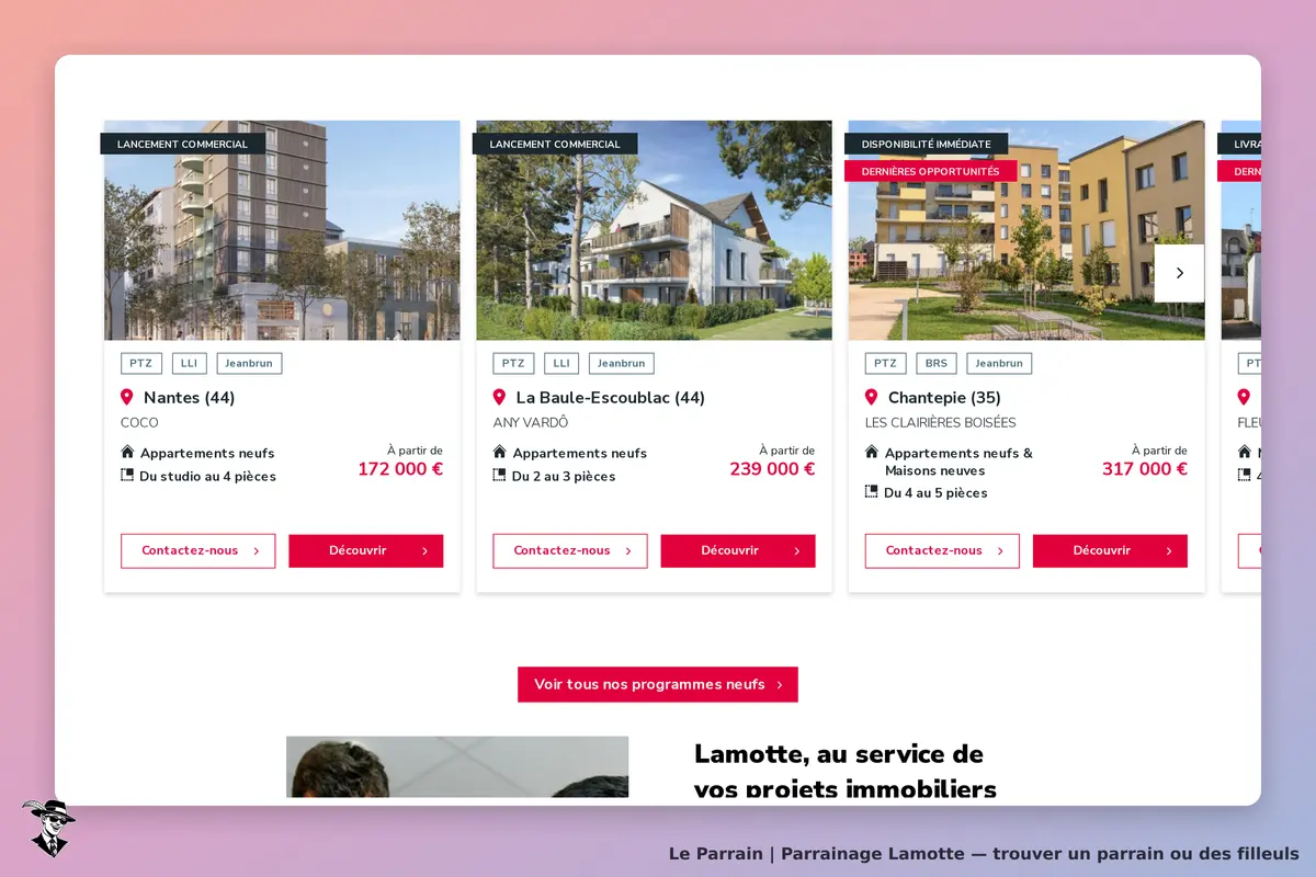 Lamotte : page d'accueil présentant des programmes immobiliers neufs à Nantes, La Baule et