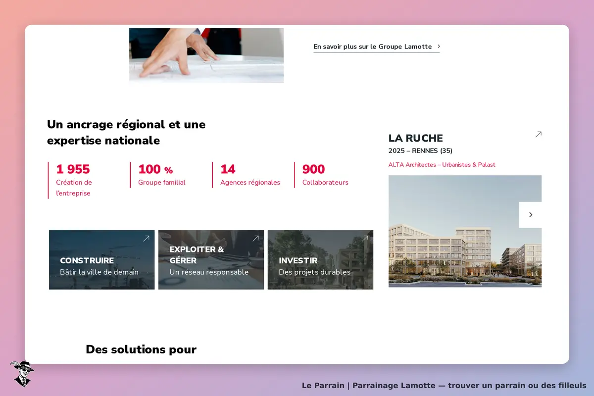 Lamotte : page d'accueil avec des statistiques et des solutions pour construire et investir