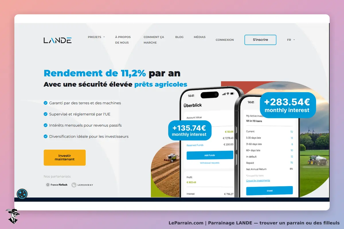 LANDE : page d'accueil présentant des prêts agricoles et des captures d'écrans d'applications