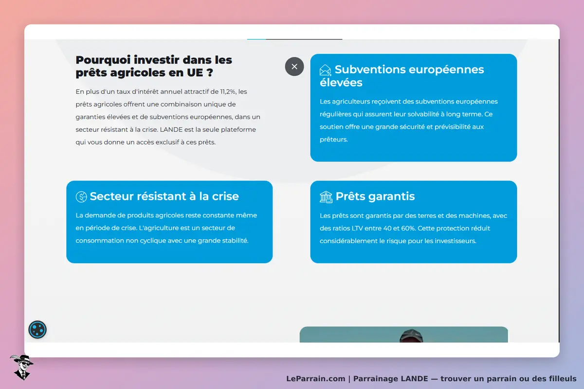 LANDE : page d'accueil avec des informations sur les prêts agricoles et leurs avantages