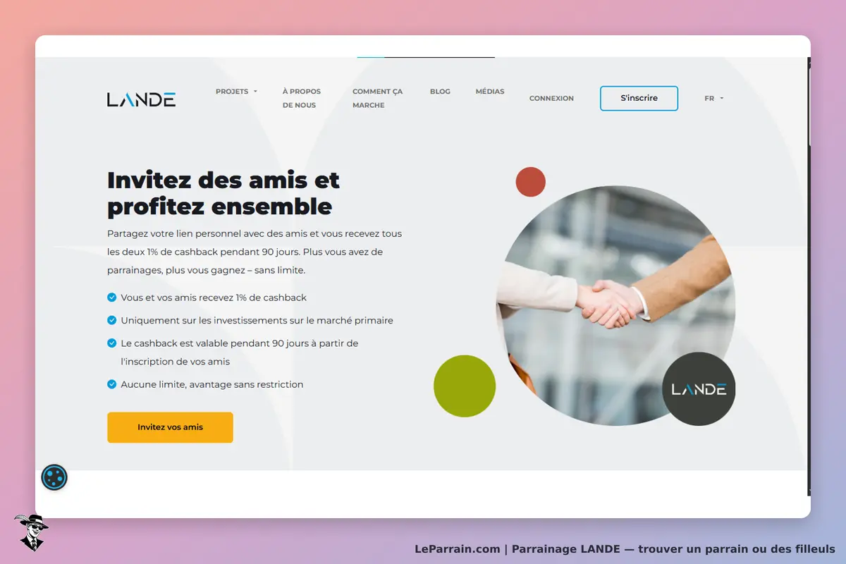 LANDE : page d'accueil avec invitation à partager un lien et image de deux personnes se serrant la
