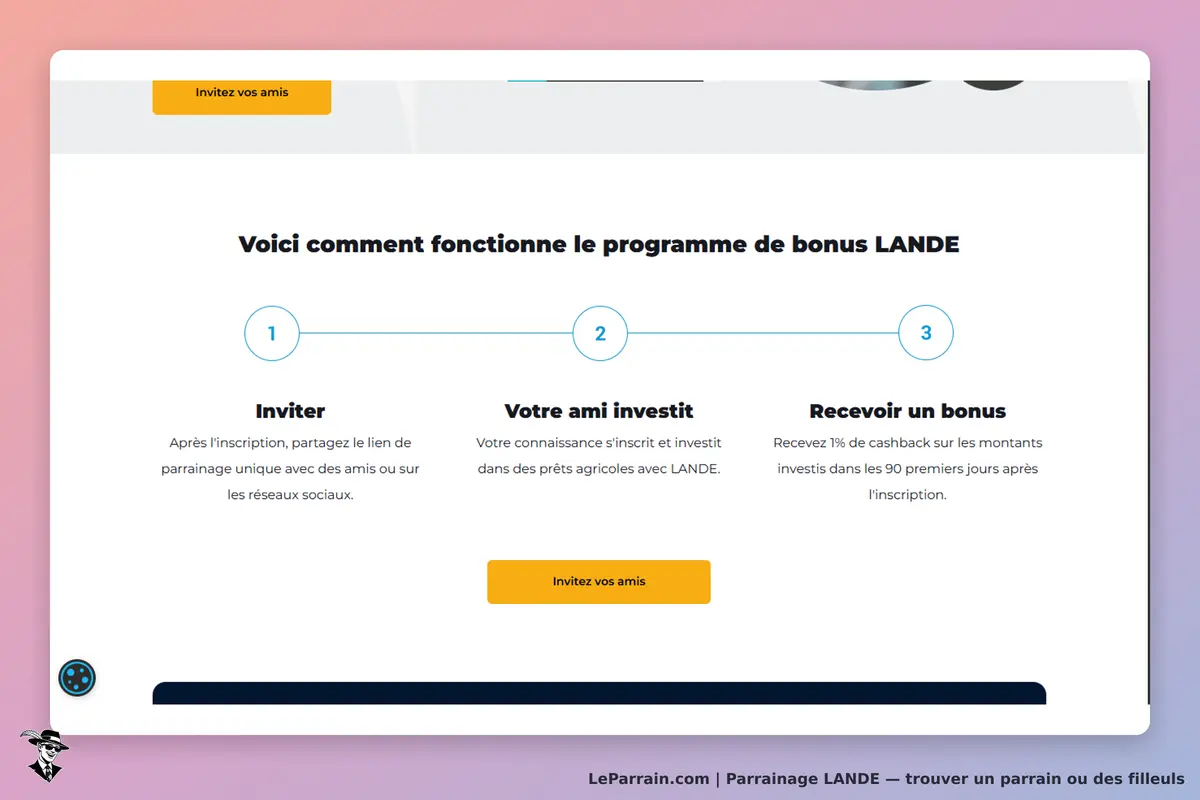 LANDE : explication du programme de bonus avec étapes et bouton pour inviter des amis