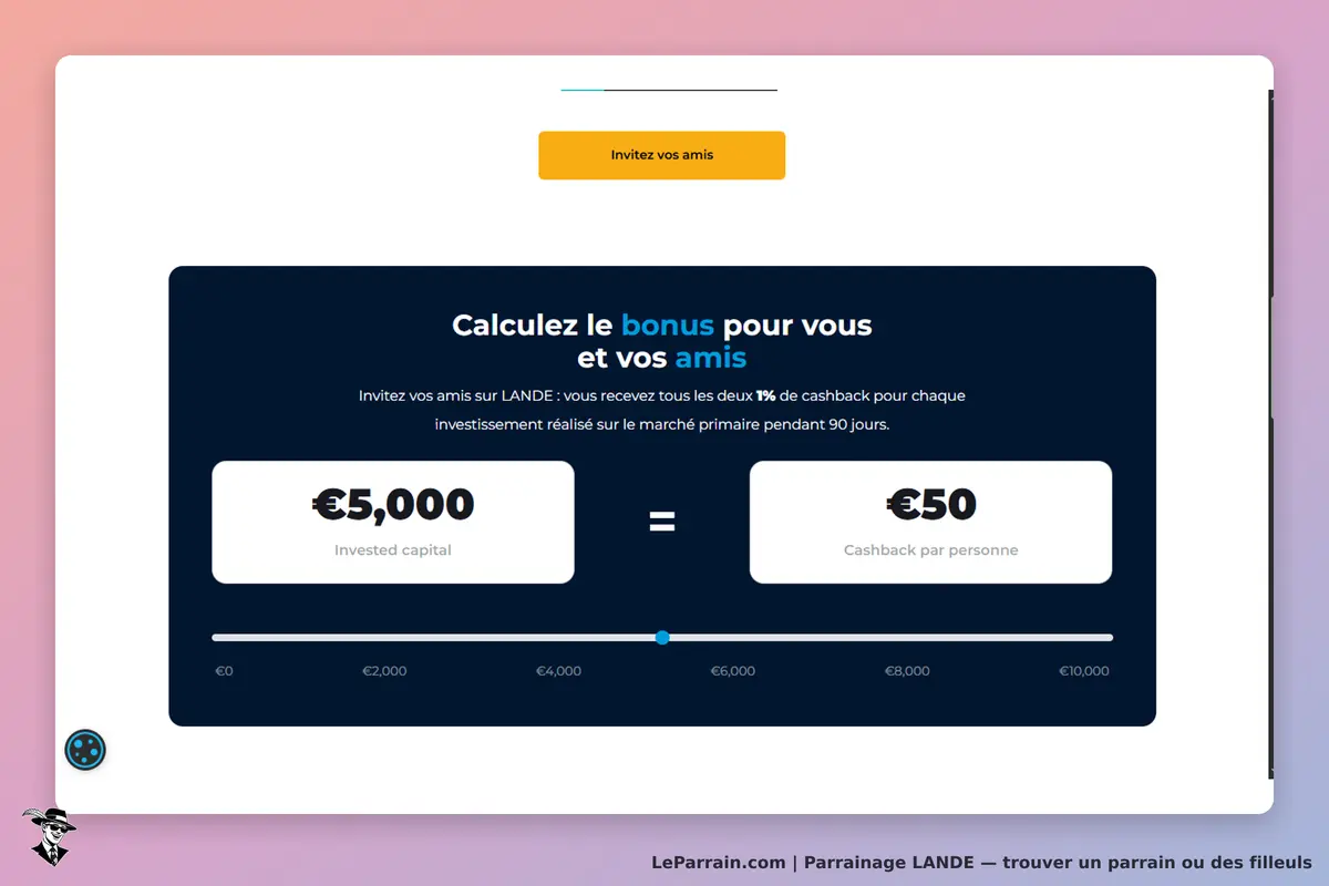 LANDE : calculateur de bonus avec capital investi et cashback affichés sur une interface
