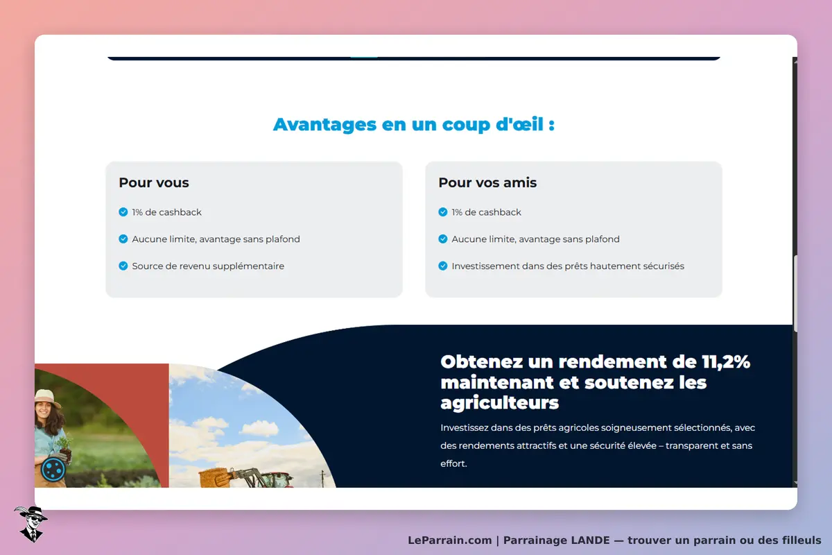 LANDE : avantages pour vous et vos amis, avec des points sur le cashback et les investissements