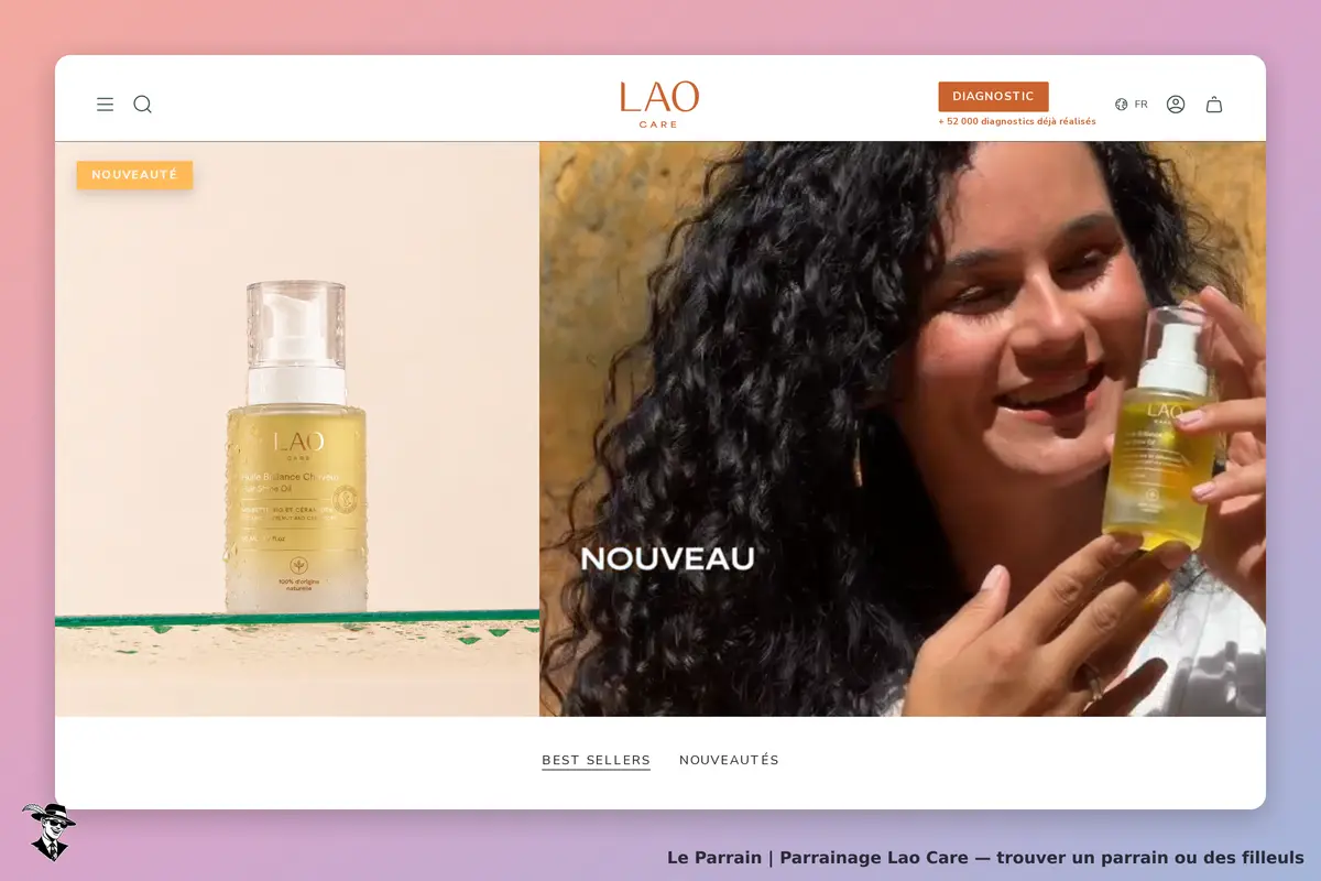 Lao Care : page d'accueil présentant un produit de soin capillaire et une personne souriante