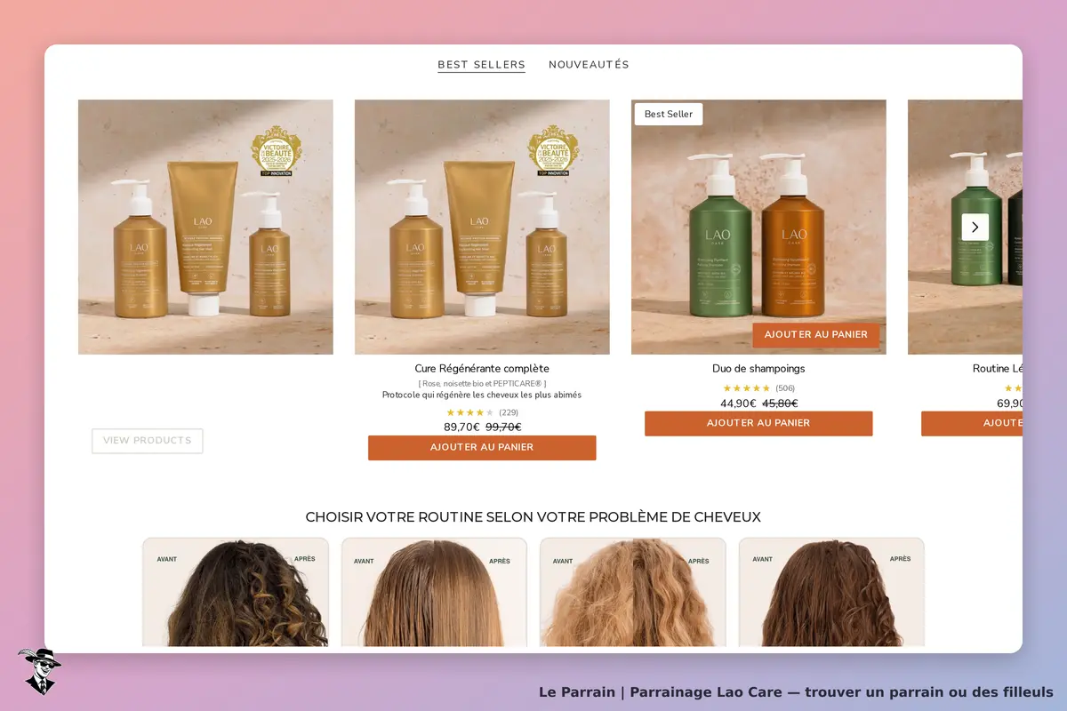 Lao Care : page d'accueil avec produits, avis et choix de routine capillaire
