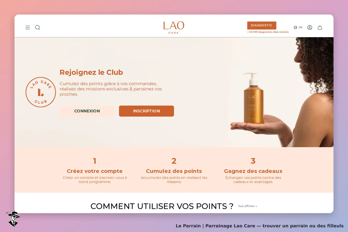 Lao Care : page d'accueil avec invitation à rejoindre le Club et produit en présentation