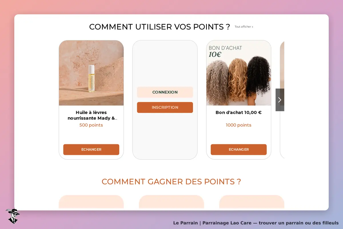 Lao Care : section sur l'utilisation des points avec produits et options de connexion