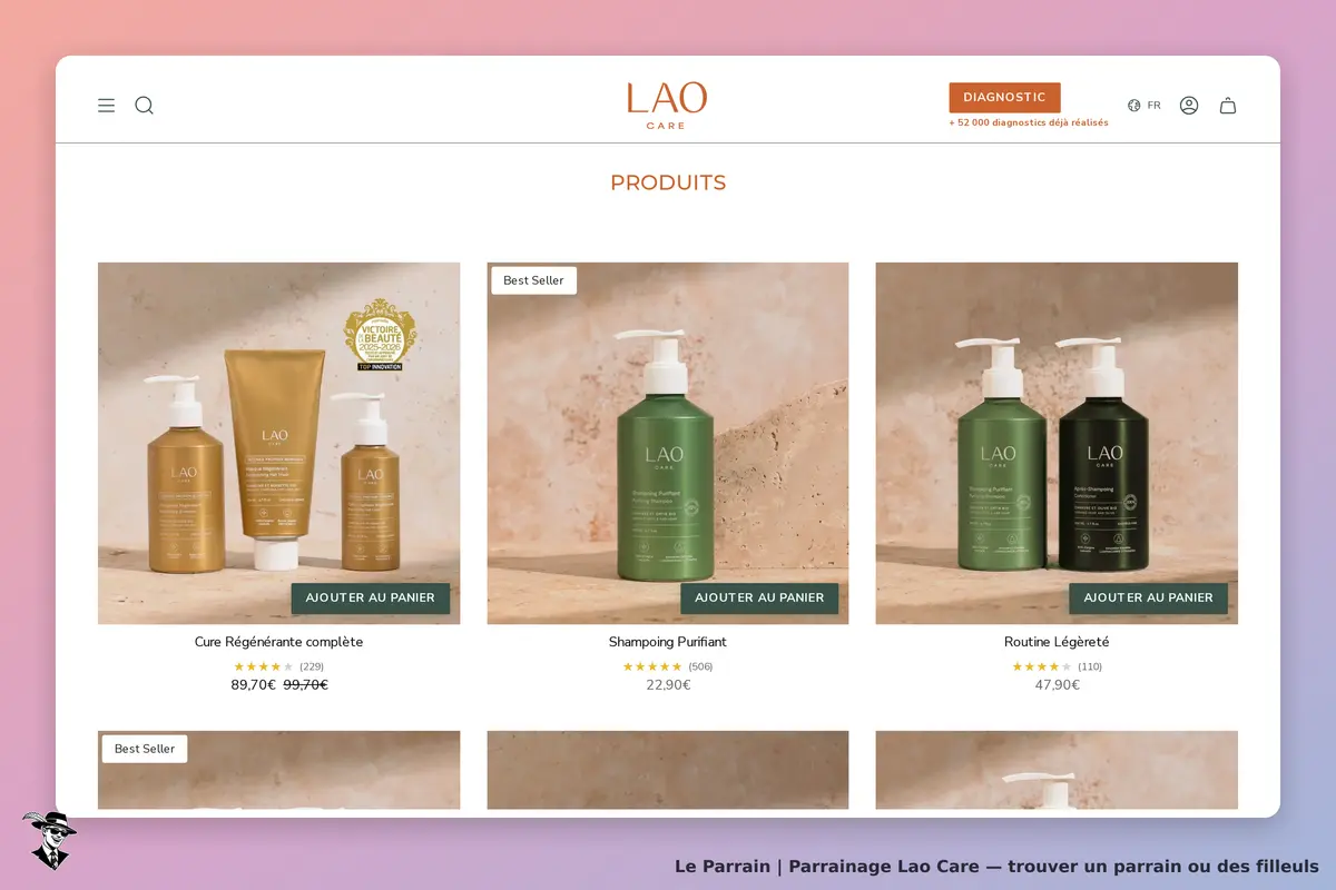 Lao Care : page de catégorie avec produits cosmétiques affichés et options d'ajout au panier