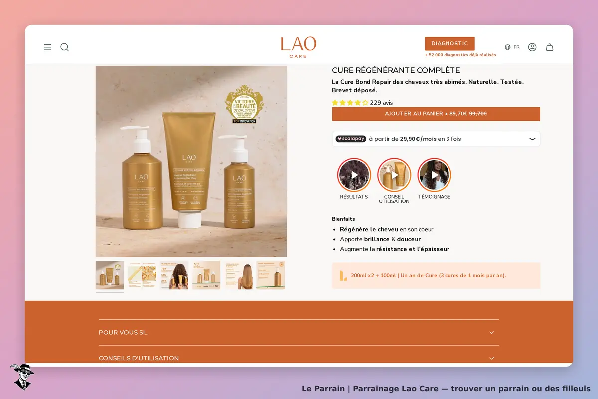 Lao Care : affichage d'un produit capillaire avec trois flacons dorés sur fond neutre