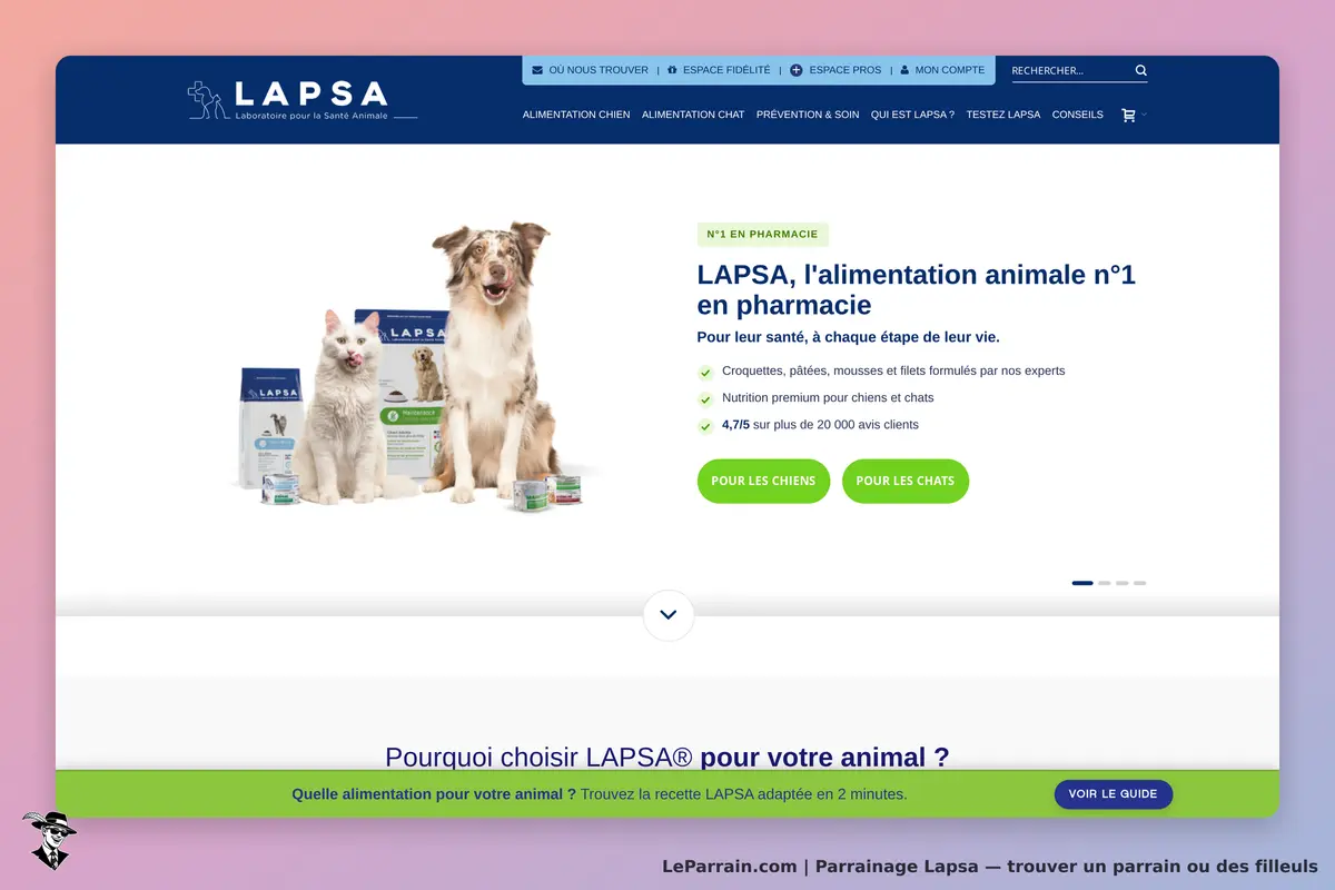 LAPSA : page d'accueil avec un chien et un chat, produits alimentaires en arrière-plan