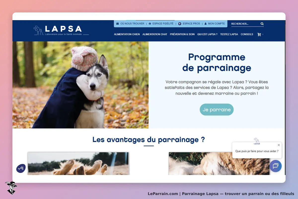 LAPSA : page d'accueil avec un enfant câlinant un husky et des informations sur le parrainage