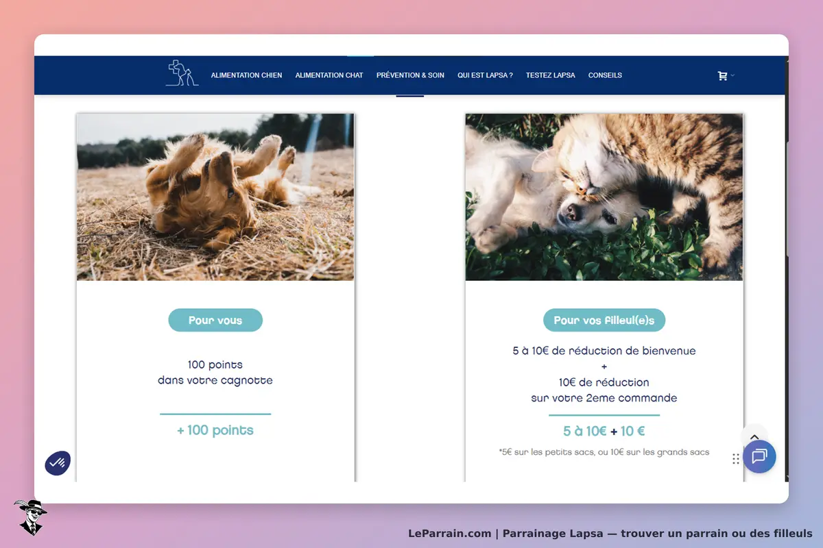Lapsa : page d'accueil avec images de chiens et chats, sections pour utilisateurs et filleuls