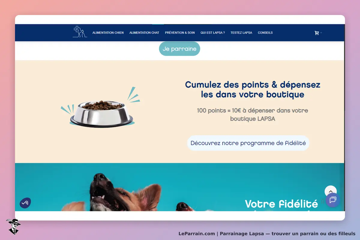 Lapsa : page d'accueil avec un bol de nourriture pour chien et des chiens en arrière-plan