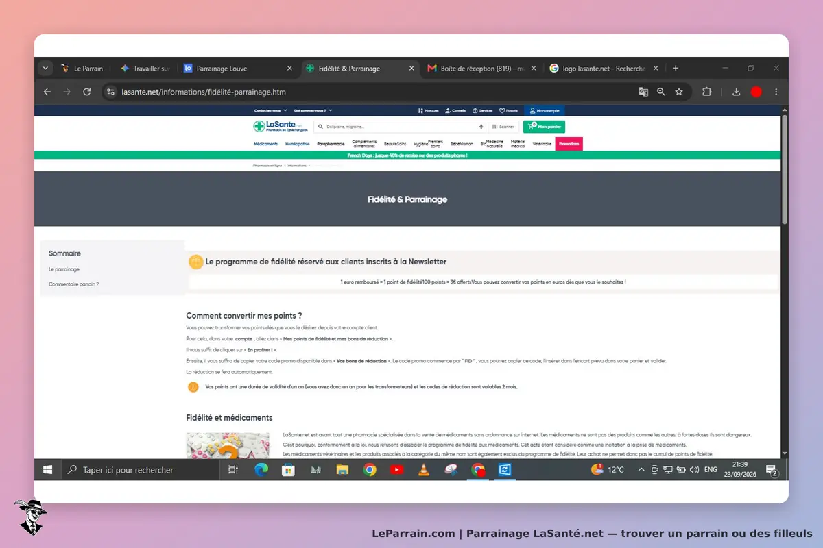 LaSanté.net : page sur le programme de fidélité et parrainage avec explications et sommaire