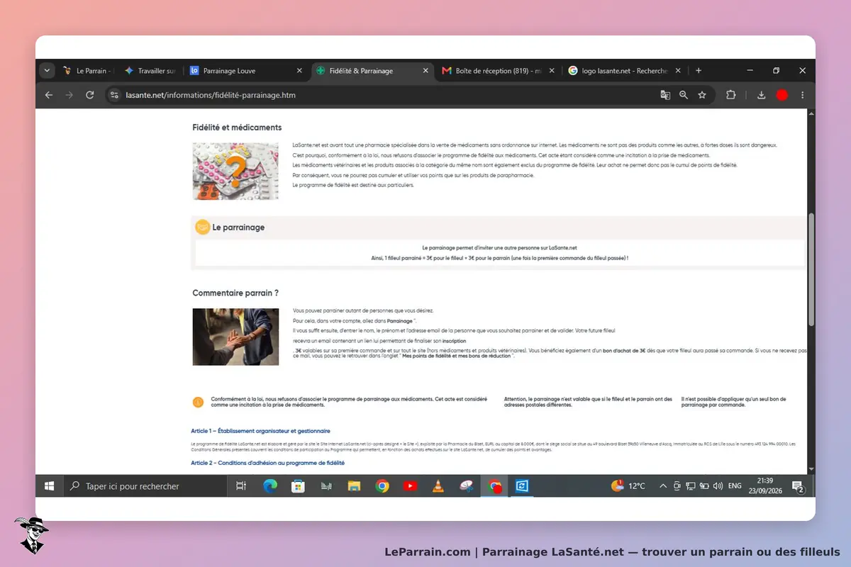 LaSanté.net : page sur le parrainage avec texte explicatif et section pour inviter un filleul
