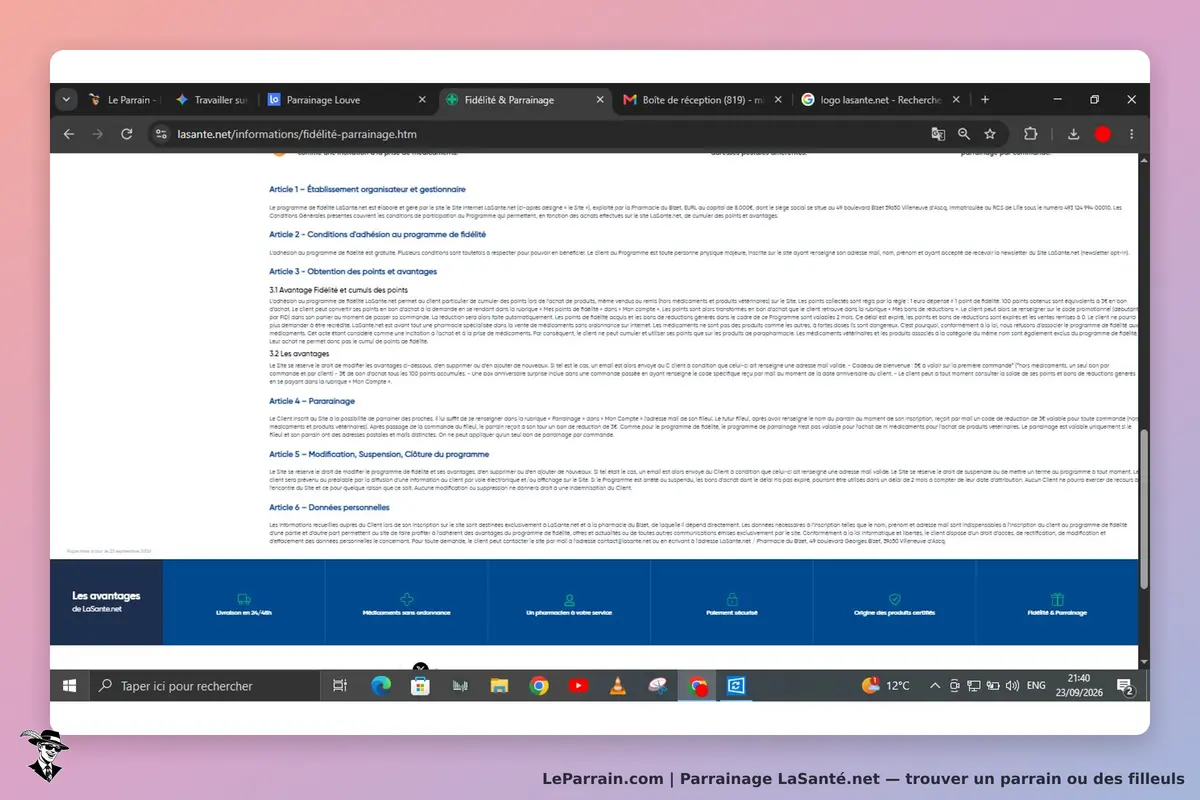 LaSanté.net : page d'informations sur le programme de fidélité avec articles et avantages
