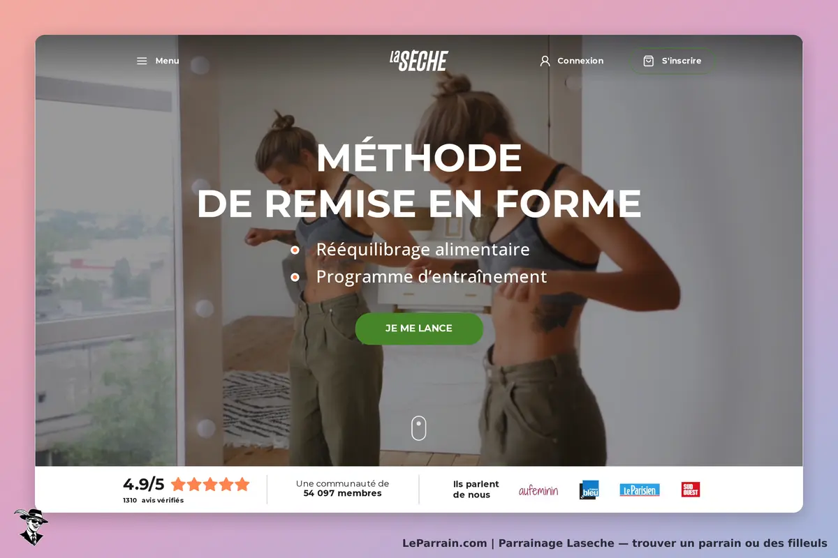 Laseche : page d'accueil avec une femme s'ajustant des vêtements et des options de programme