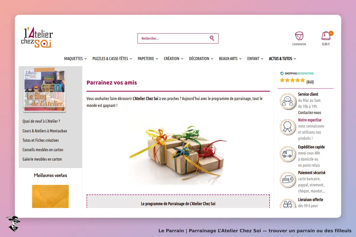 L’Atelier Chez Soi : page d'accueil avec des cadeaux décorés et le programme de parrainage