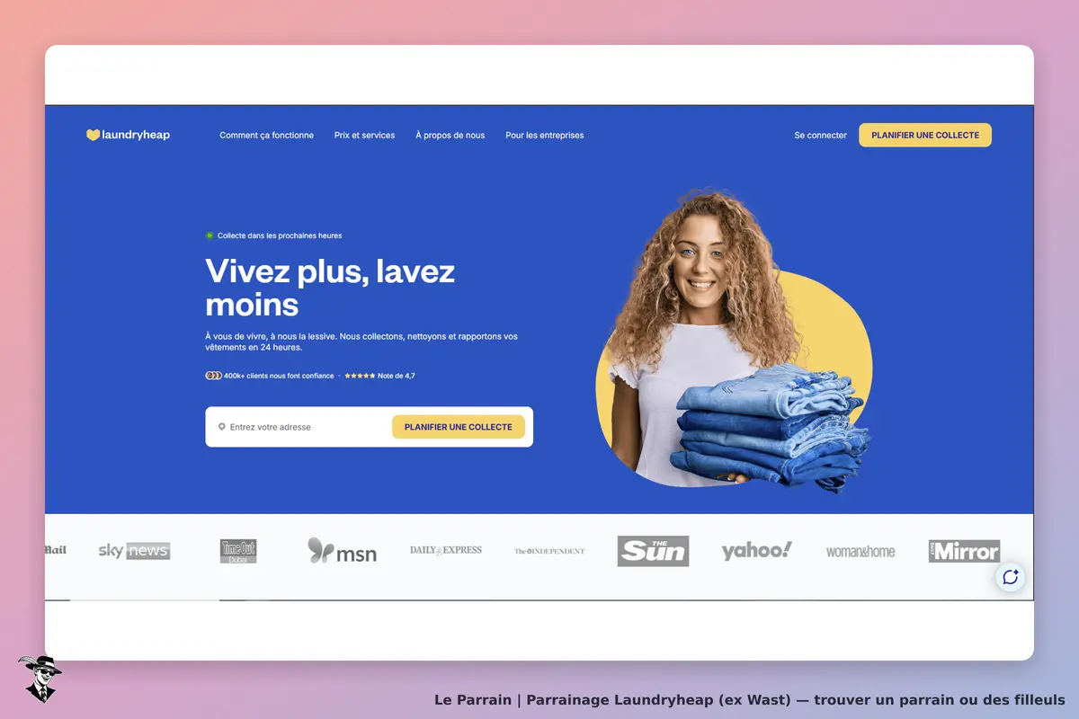 Laundryheap (ex Wast) : laundryheap : page d'accueil avec un slogan et une image d'une personne