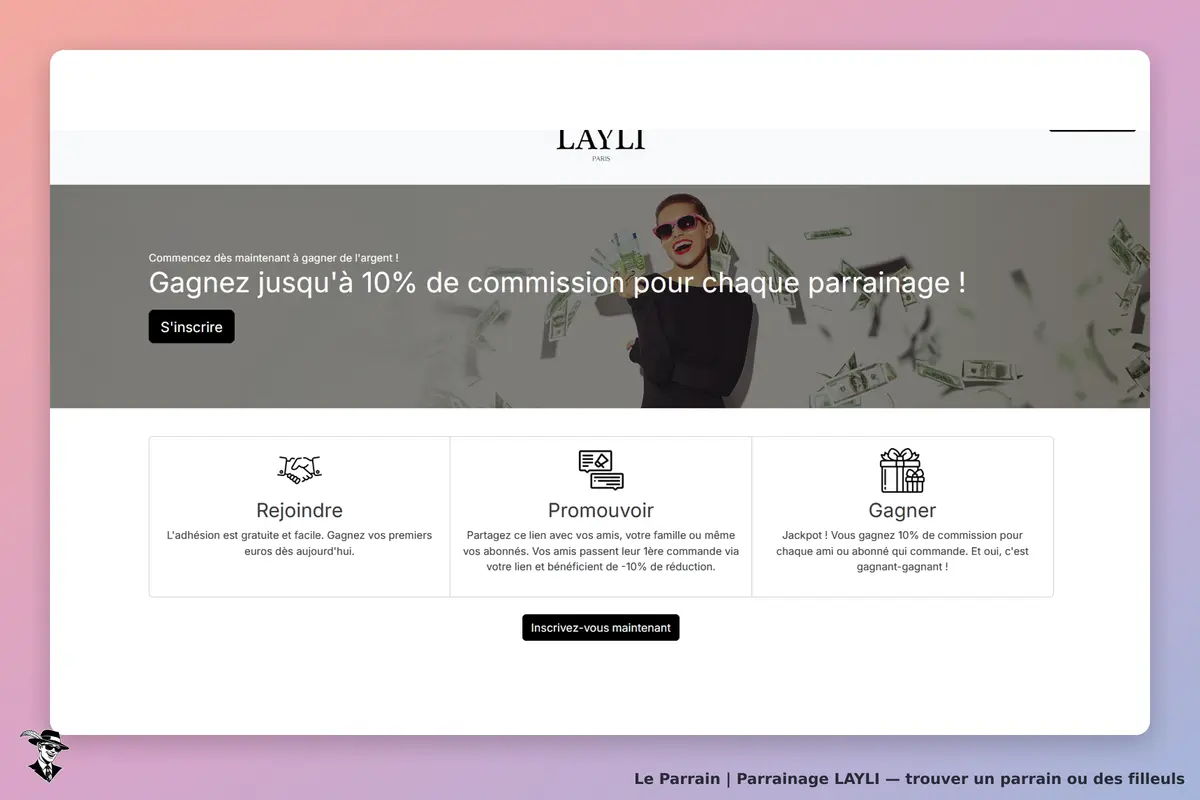 LAYLI : page d'accueil avec un appel à s'inscrire et des sections sur le parrainage
