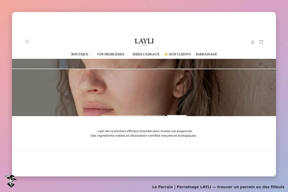LAYLI : page d'accueil avec un visage féminin et un texte sur les ingrédients naturels