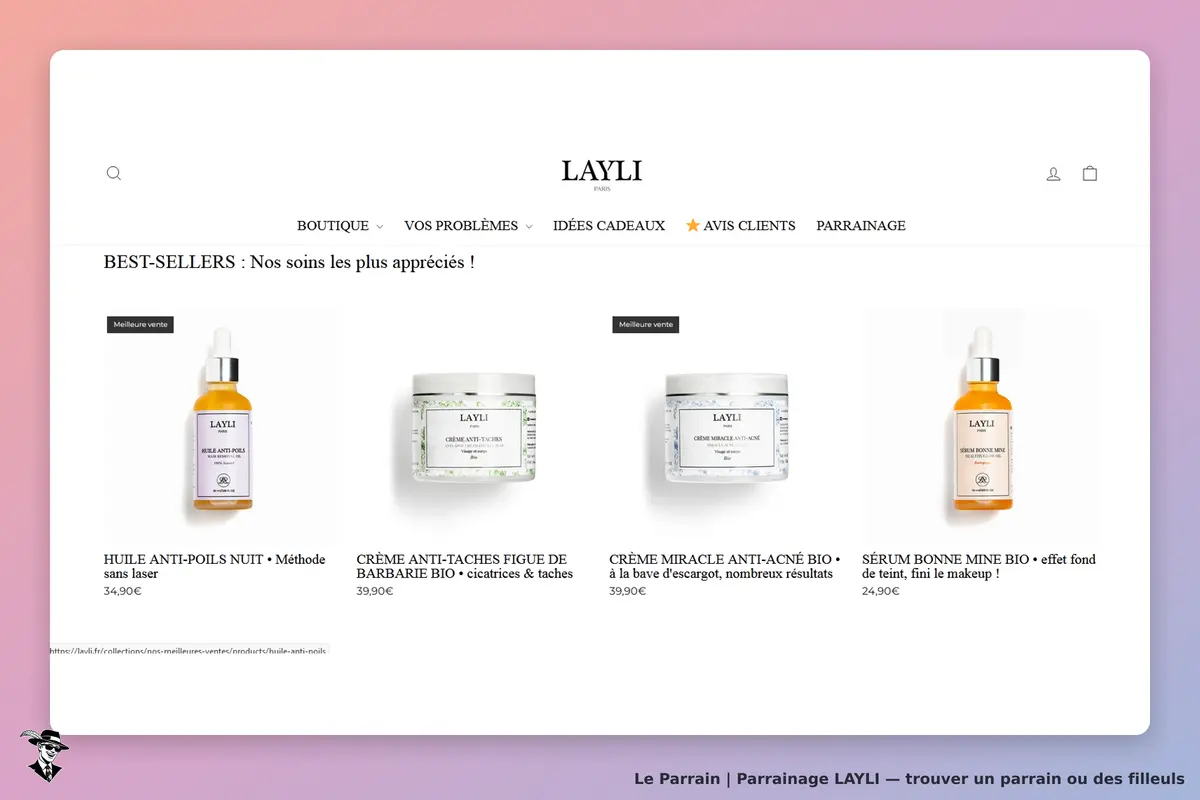 LAYLI : page d'accueil présentant les best-sellers avec quatre produits de soins