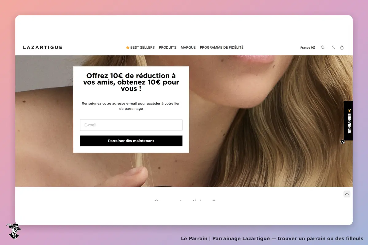 Lazartigue : formulaire de parrainage avec image d'une femme aux cheveux longs et blonds
