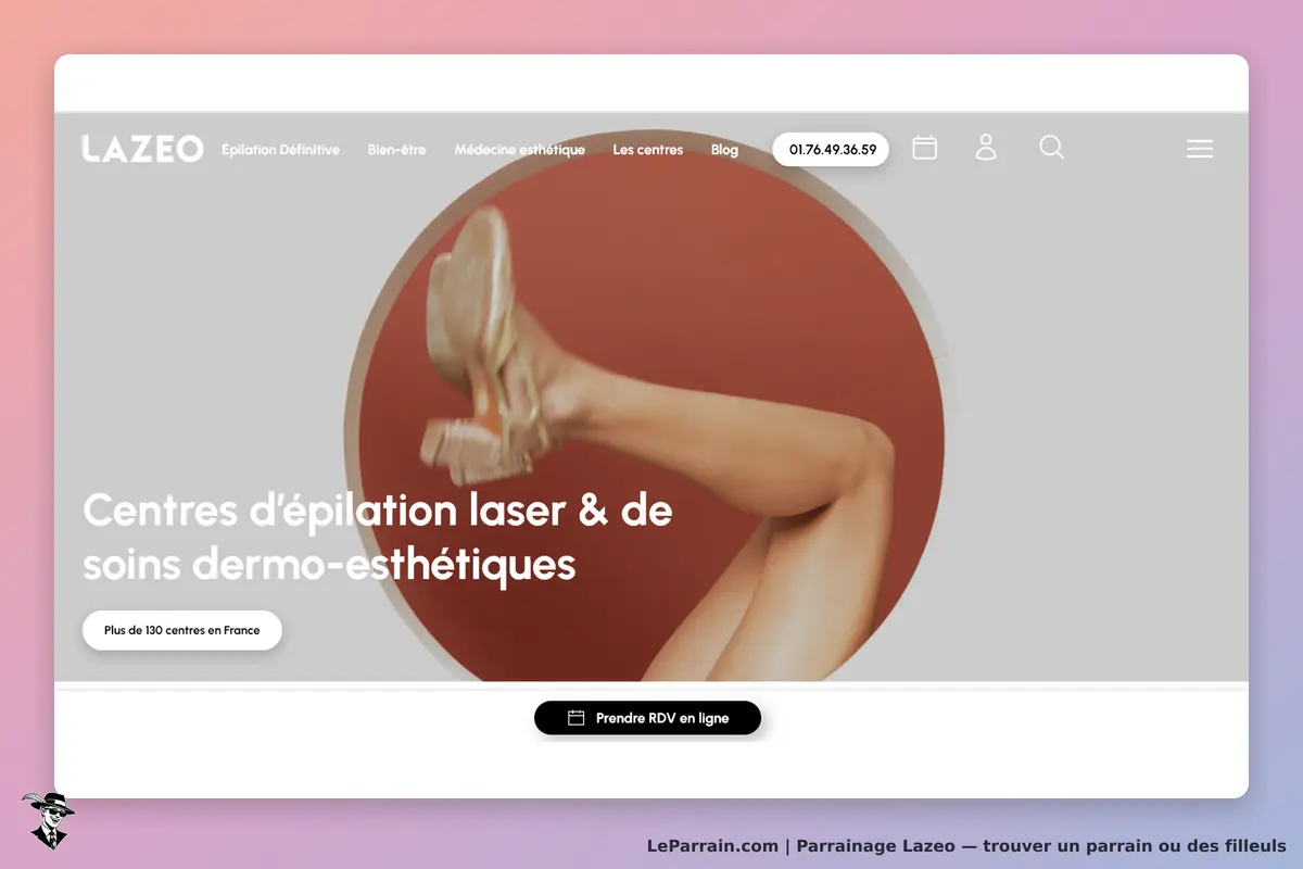 LAZEO : page d'accueil avec une image de jambe et un bouton pour prendre rendez-vous en ligne
