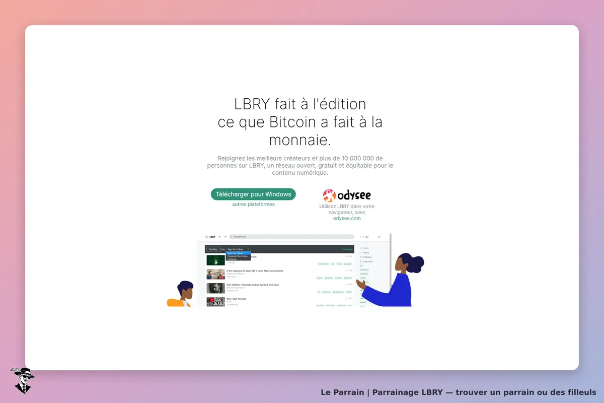 LBRY : page d'accueil avec un appel à télécharger et des illustrations de créateurs