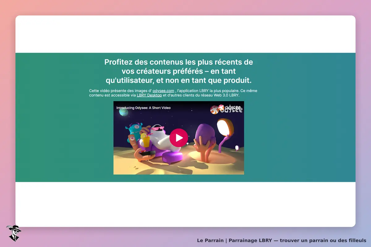 LBRY : page d'accueil présentant une vidéo d'introduction d'Odysee avec des illustrations colorées